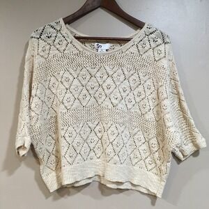 SO Crochet Lace Knit Dolman Sleeve Sweater Top Jr XL Beige Coastal Grandma Beach
